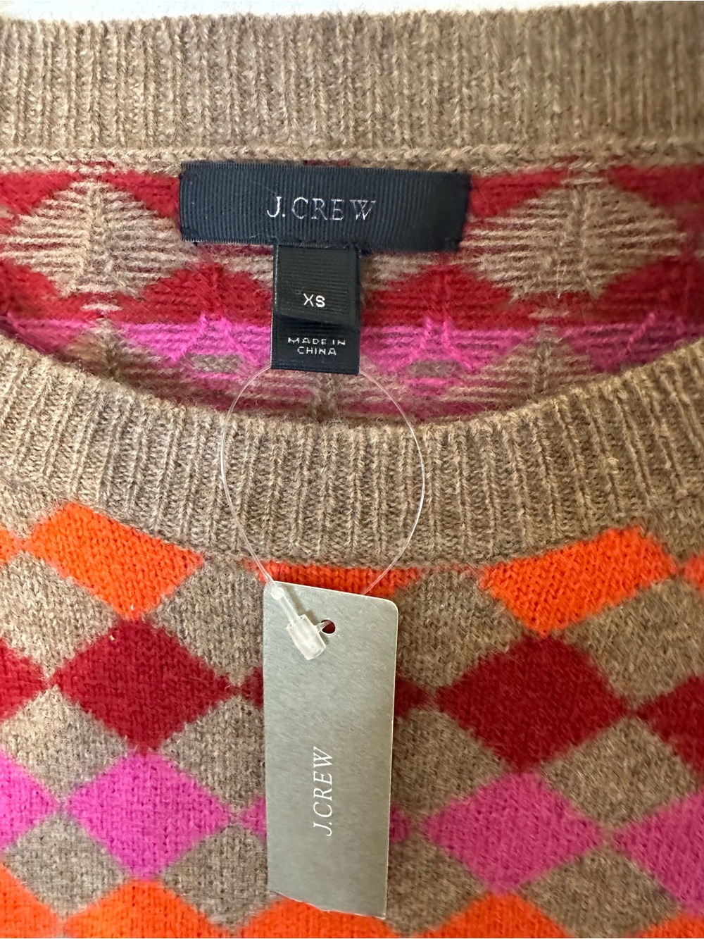 J. Crew Brown Argyle Crewneck Sweater with Pink & Orange Accents - Picture 2 of 6